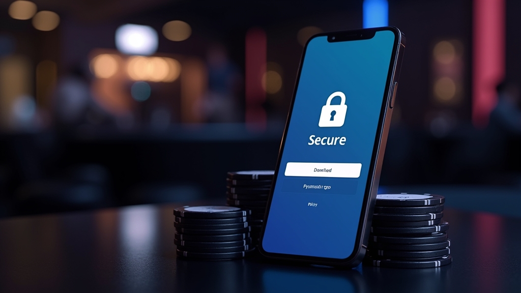 Smartphone mit sicherem App-Download in einer dunklen Casino-Atmosphäre