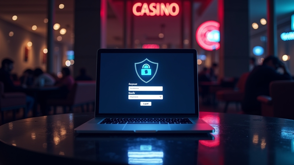 Dunkler Casino-Lobbybereich mit Login-Screen und Sicherheitssymbolen